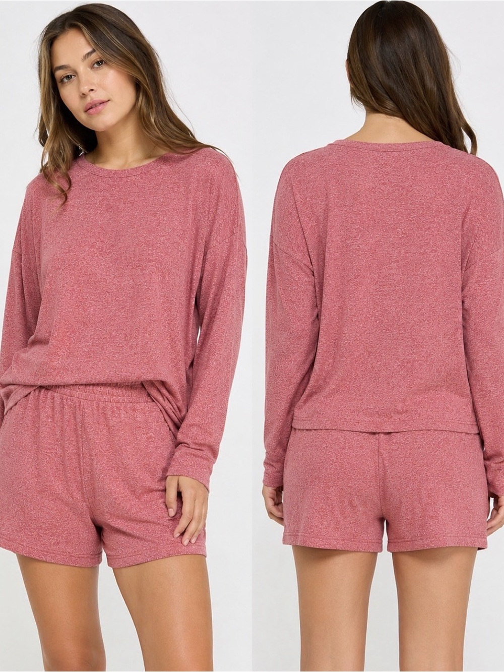 NWOT - Zenana Everyday Knit Long-Sleeve Top & Shorts Loungewear Set - Red